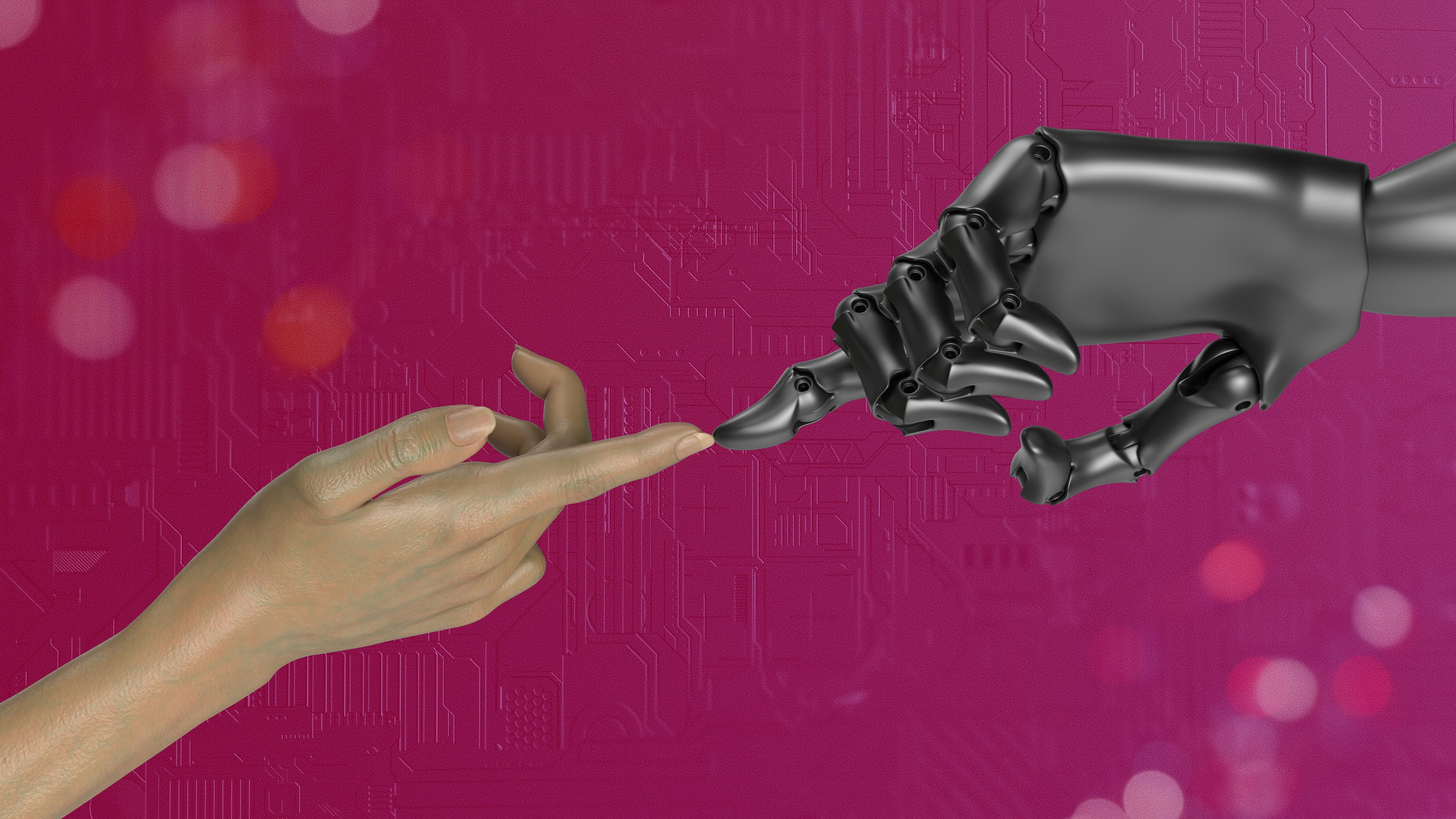 A human hand and robotic hand representing artificial intelligence